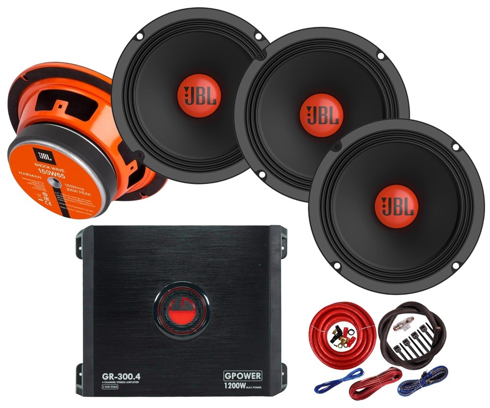 JBL Shock Wave 6.5″ Speakers + Gravity 1200 Watts 4CH Car Audio Amplifier + Kit
