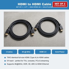 HDMI Cable 6FT 4K 2 Pack High Speed for TV Monitor PS5 PS4 Xbox Roku Fire Stick