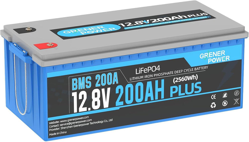 12V 200Ah plus Lifepo4 Battery, 200A BMS, Max. 2560W Power Output, 4000-15000 De