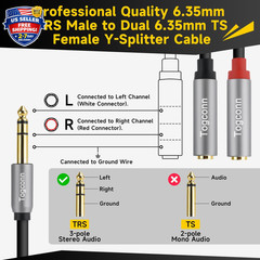 2-Pack 1/4 inch TRS Stereo Splitter Y Adapter, 6.35mm Stereo Male to Dual 6.35 m