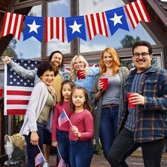 Pre-Strung Patriotic Linen Banner with Red, White & Blue Star Panels, Rustic
