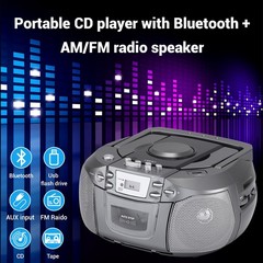 Silver Portable Bluetooth CD Cassette Boombox AM FM Radio USB Stereo Speaker