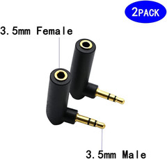 3.5mm Male to Female Audio Adapter 90° Right Angle Stereo Jack AUX 2 Pack