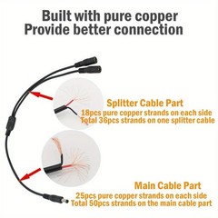 DC Splitter 1 Male 2 Female Plug, 5.5 x 2.1mm DC Power Extension Adapter Cable
