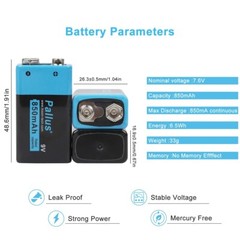Pallus 9v Lithium Rechargeable Batteries 850mAh 9V Li-ion Batteries Charger Lot