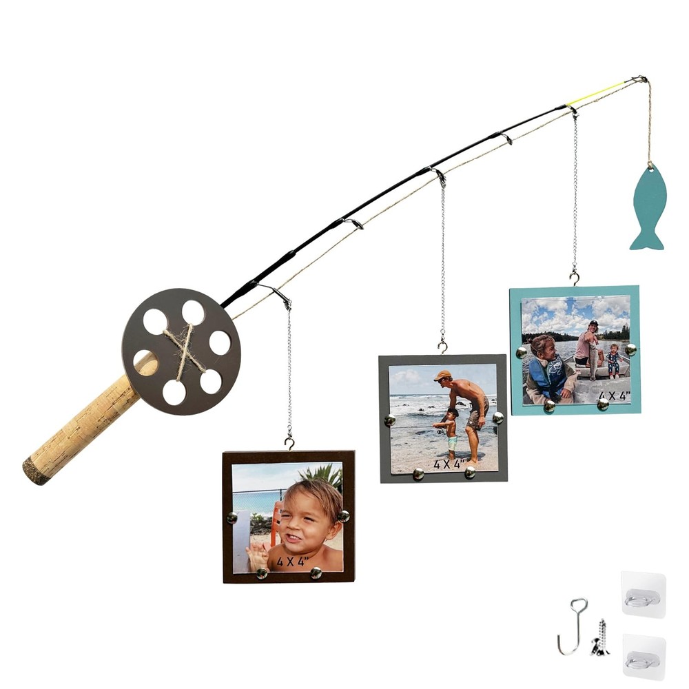 AZEZO Wood Fishing Pole Picture Frame – Three 4”x4” 4×4 inches, Multicolor