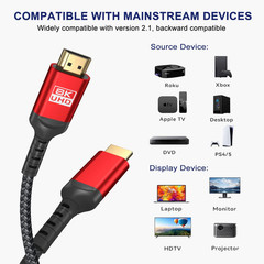 8K HDMI 2.1 Cable 12Ft, Certified 48Gbps Ultra High Speed Braided Cord, Supports