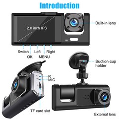 HD 1080P Dual Lens Car Dash Cam Front/Rear/Inside Video Recorder Camera G-Sensor