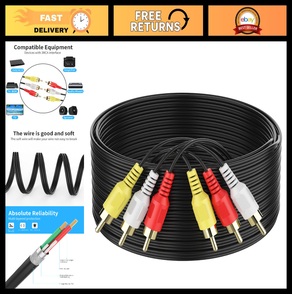 100FT RCA Composite AV Cable 3RCA to 3RCA, Gold Plated, for TV, DVD, Speaker, Am