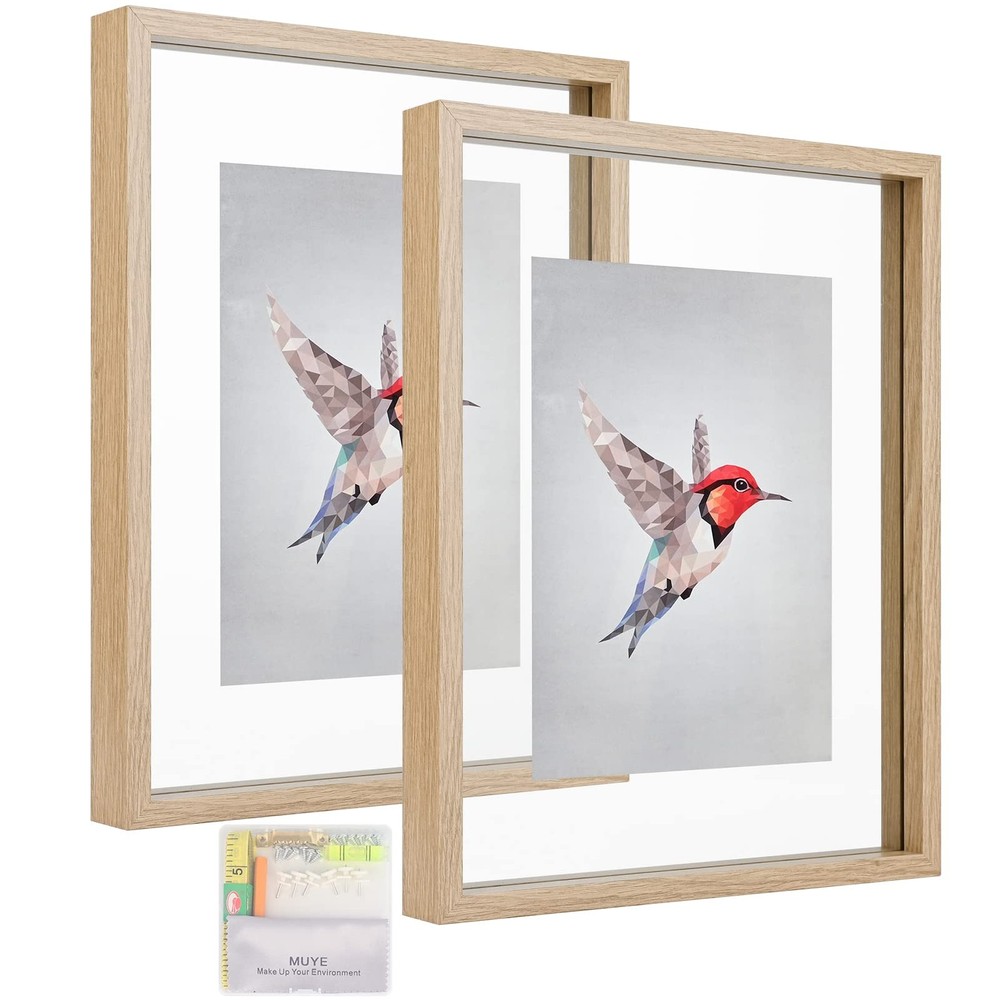 MUYE 11×14 Floating Frame Set of 2,Double Glass Rustic 11×14, Natural