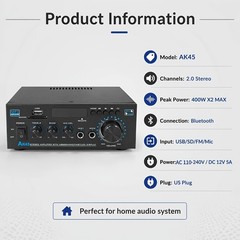 Bluetooth 5.0 Stereo Amplifier Home Audio Max 300Wx2 Power Stereo Receiver AK45