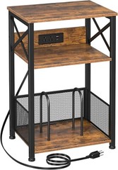 Rustic Vinyl Record Player Stand with Charging Station – 3-Tier Storage Table