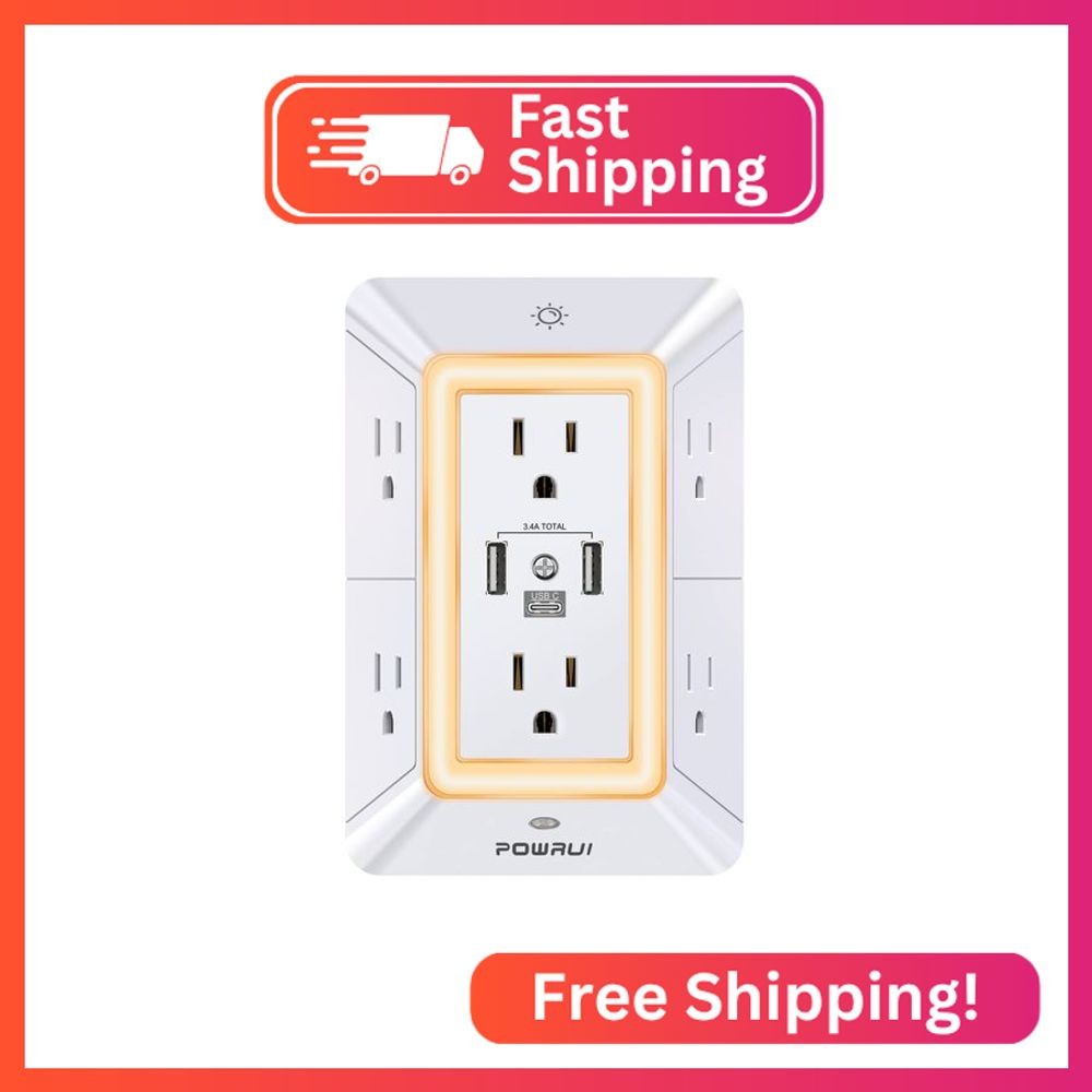 POWRUI Multi Plug 6 Outlet Surge Protector Extender with 3 USB Ports (1 USB C) a