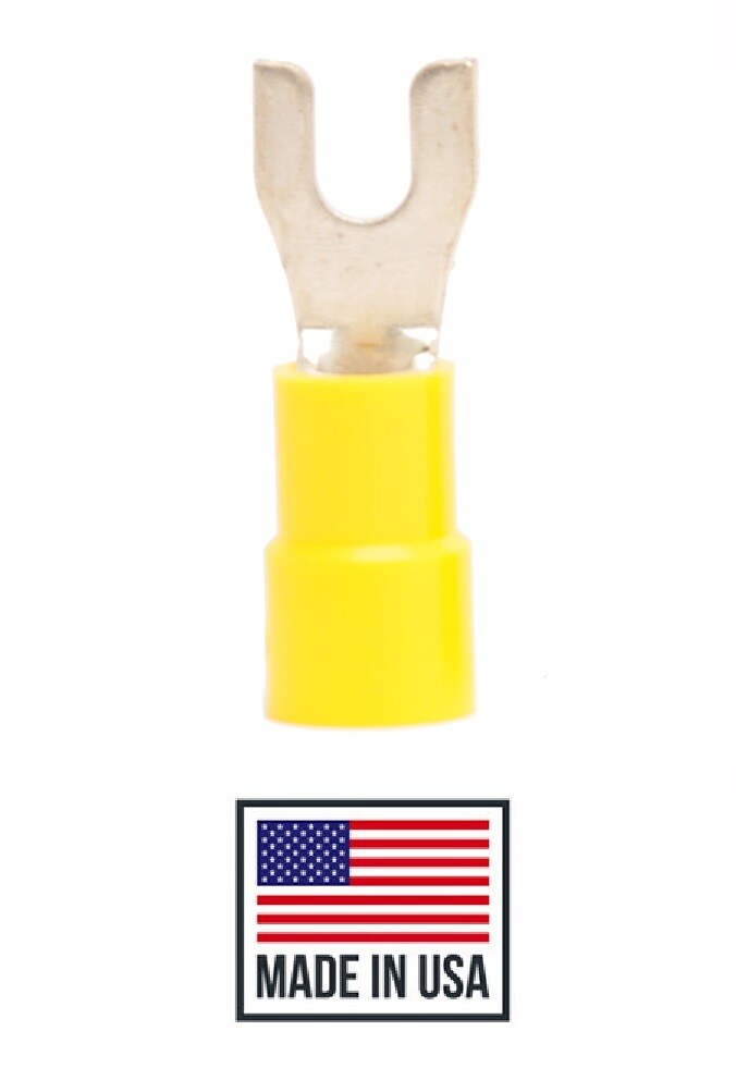 (100) 12-10 #6 Yellow VINYL FORK SPADE TERMINAL ELECTRICAL CONNECTOR MADE IN USA