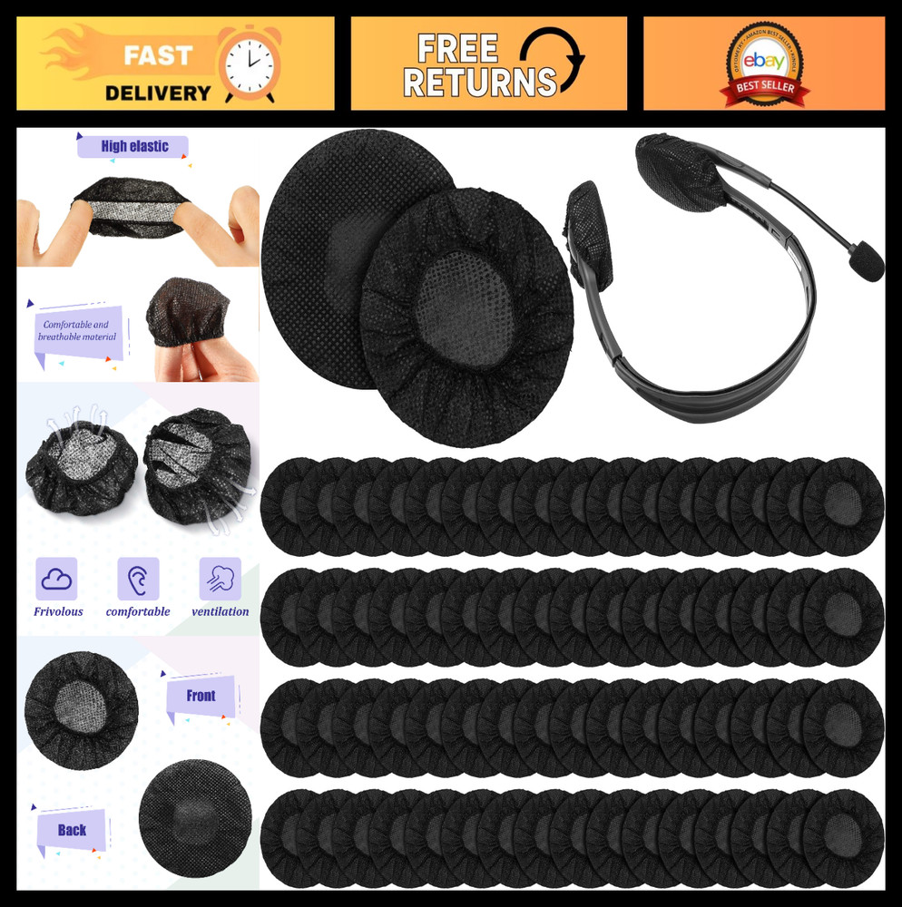 300 Disposable Headphone Covers – Non-Woven Sanitary Earphone Pads, Black, 6.5cm