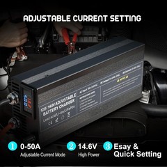 12V 50A LiFePO4 Battery Charger, 12V/12.8V Lithium Battery Fast Charger with Adj