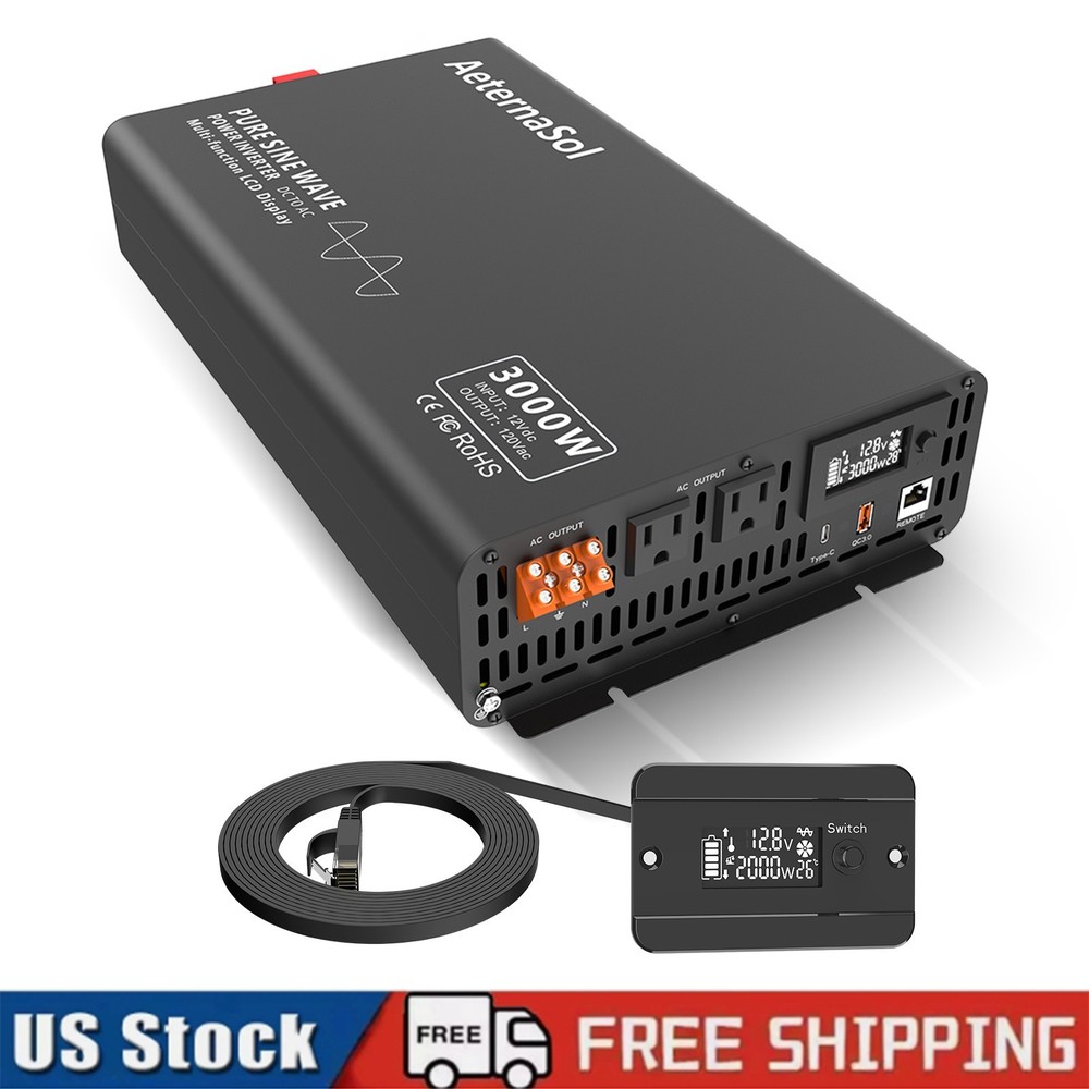 3000W 6000W Pure Sine Wave Inverter 12V DC to 120V AC Converter Remote Control