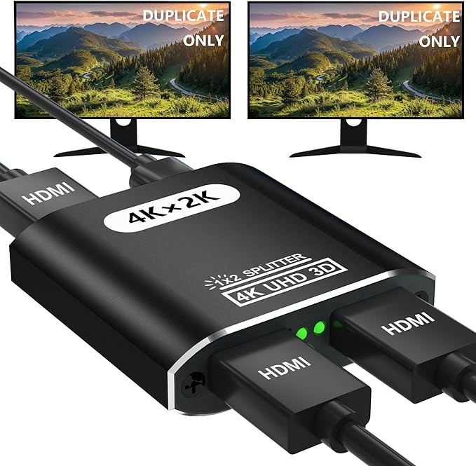 HDMI Splitter 1 In 2 Out – Aluminum 4K Signal V1.4 Powered HDCP Bypass Supports