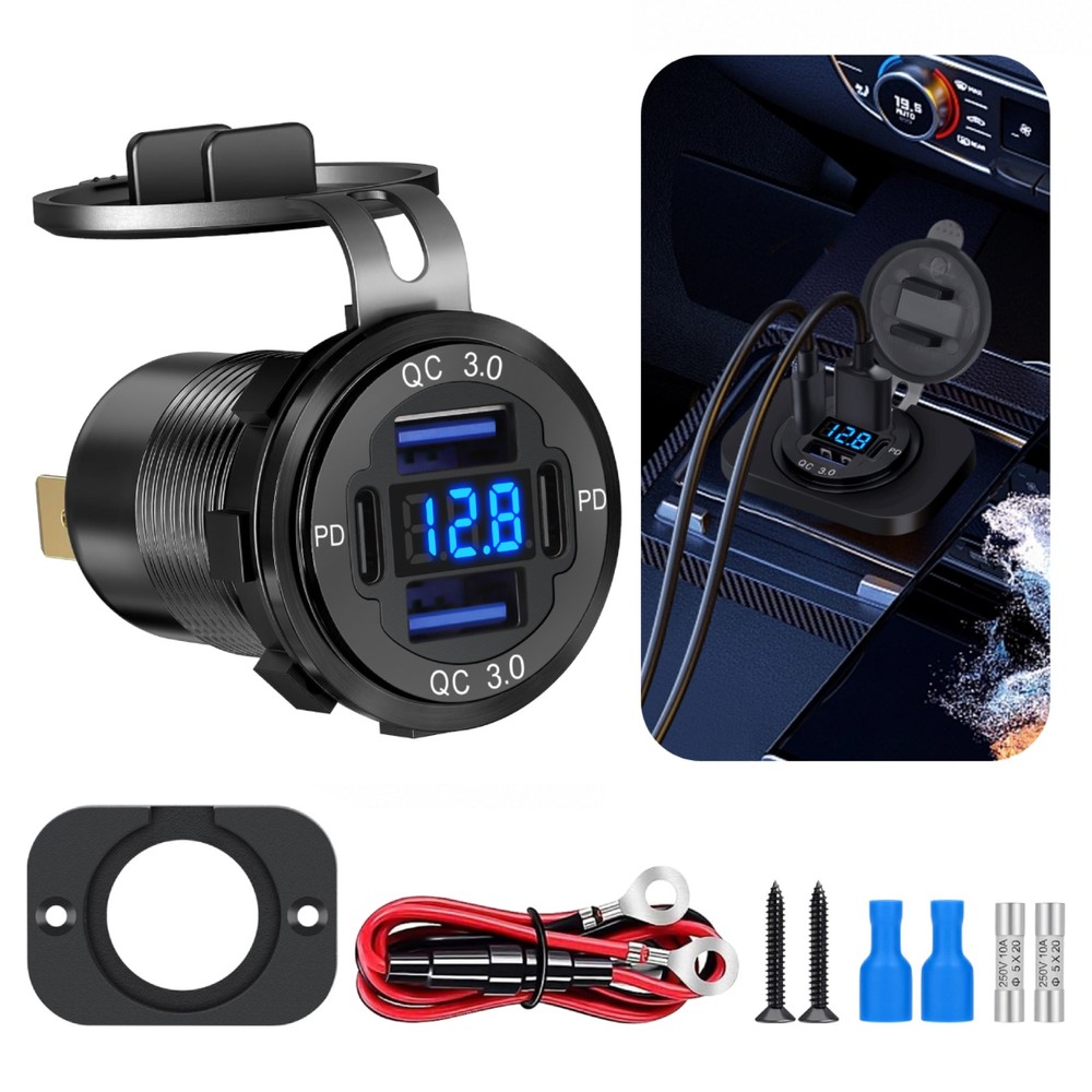 12-24V 4 Port Fast Car Charger QC3.0 PD USB C Outlet Socket w/ Voltmeter Boat RV