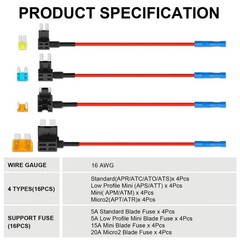 16 Pack 4 Types Fuse Tap, Upgraded 12V Car Add a Circuit Tap Kit -…