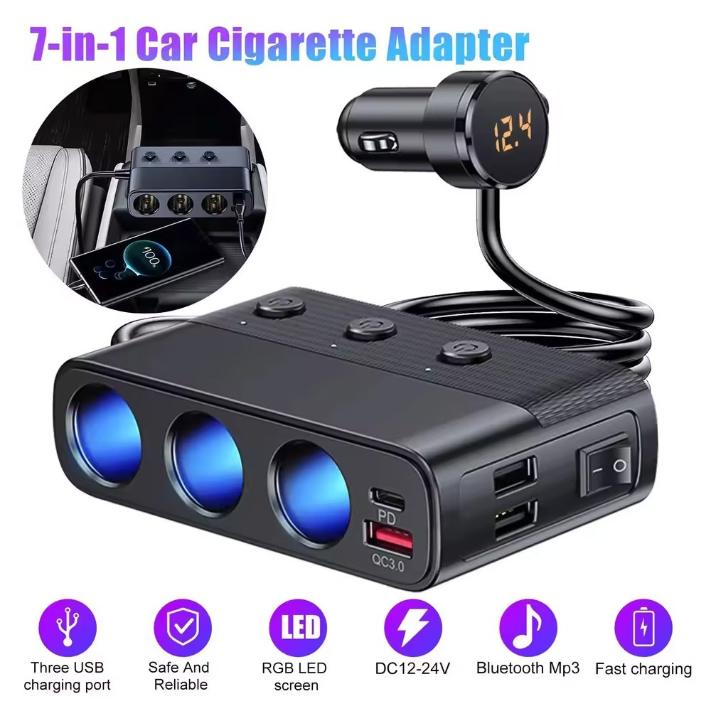 7in1 Cigarette Lighter Splitter,12V/24V Car Charger Adapter Independent Switches