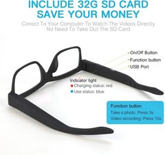 Lightweight 1080P Camera Glasses with 32G Memory Card