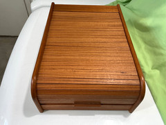 Vintage Indonesia Wooden Teak Tambour Roll Top Cassette Holder Case 14×9 3/4inch