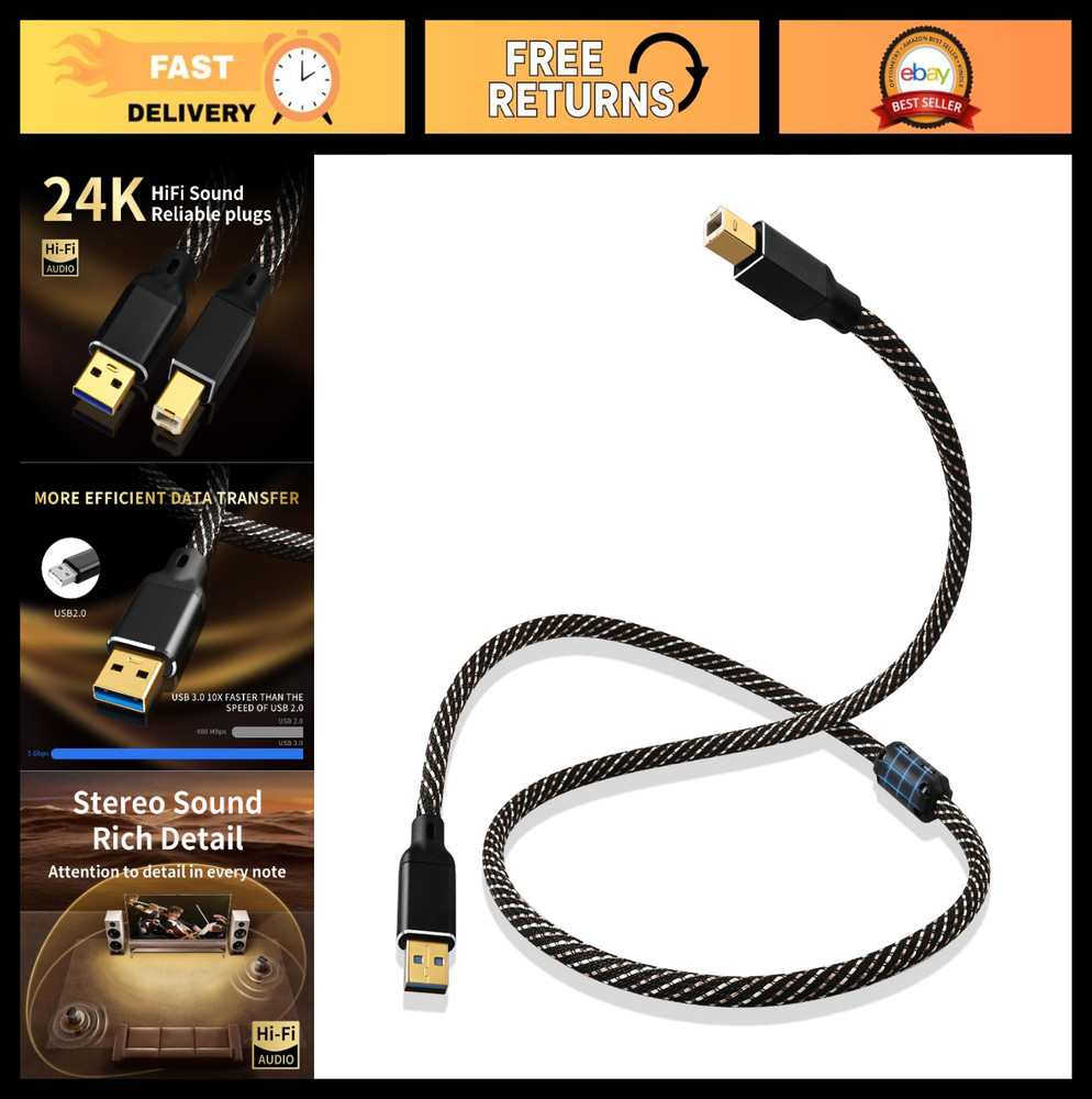 HiFi USB Audio Cable 4.92ft, USB A to B, 24K Gold-Plated, Nylon Braided, Compati