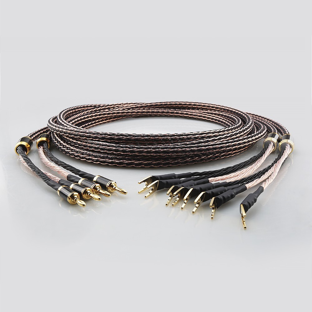 One Pair Braided Litz OFC Copper Speaker Cable Wire HiFi Bi-Wire Banana to Spade