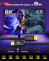 8K Displayport Cable 1.4, VESA Certified DP Cable 6.6Ft (8K@60Hz, 4K@144Hz, 2K@2