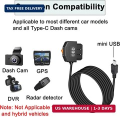 OBD Power Cable for Dash Camera, OBD2 to Mini USB Power Adapter Hardwire Charger