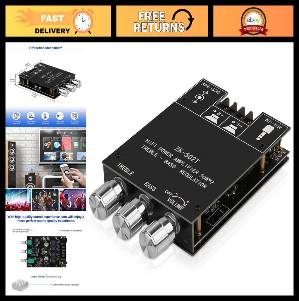 Bluetooth 5.0 Mini Stereo Amplifier 50W+50W, 2.0 Channel Audio Board, DIY Home S