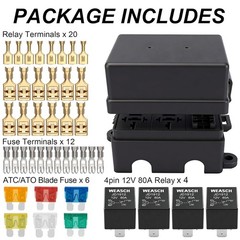 12V 6 Way Fuse Relay Box, 4×4-Pin 80Amp Relays and 6 ATC/ATO Blade Fuses, for Ca
