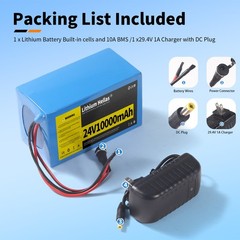 24V 10Ah Lithium Battery with 29.4V 1A Charger, 24V Rechargeable Battery for DIY