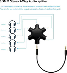 5-Jack Audio Headphone Jack Splitter 5 Way for 3.5Mm Devices Multi Earphone Aux