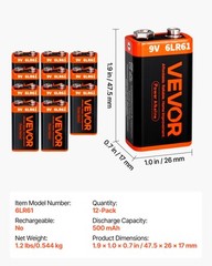 VEVOR 9V Alkaline Batteries 12Pack 9Volt Battery for Smoke Detector Long Lasting