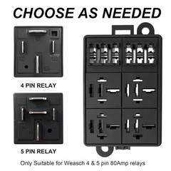 12V 6 Way Fuse Relay Box, 4×4-Pin 80Amp Relays and 6 ATC/ATO Blade Fuses, for Ca