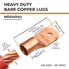 2pcs 4/0 AWG 1/4″ Stud Copper Wire Lugs, Ring Terminals, Battery Cable Ends, …
