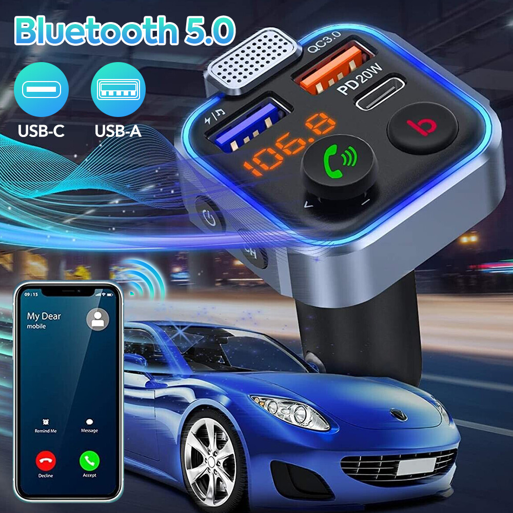 Bluetooth 5.0 FM Transmitter/Car Kit with Hands-Free Calling and 2 USB Charger
