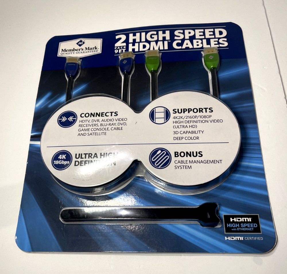 Member’s Mark HDMI Cables High Speed UltraHD 24K Gold Plated Connectors 9Ft 2Pk