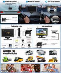 1080P Wireless 7″ Truck Quad Monitor Backup Camera for Trailer RV