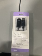 BLACK – ATIVA 6 FT MALE DISPLAYPORT TO MALE HDMI CABLE PLUGS