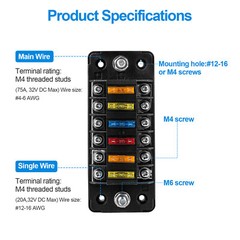6 Way Fuse Block with Negative Bus Blade Fuse Holder for Automotive Car Truck RV