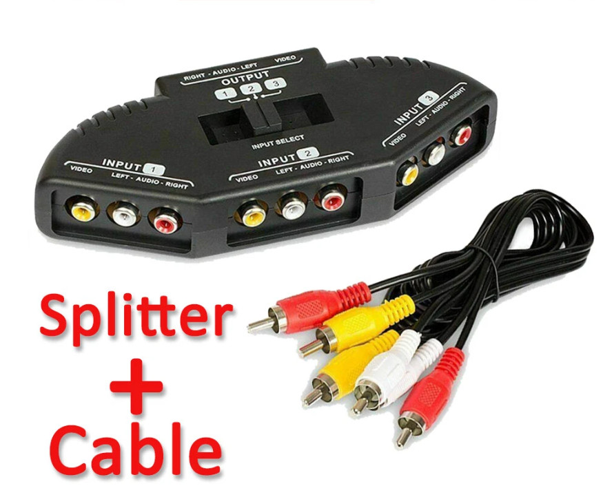 AV Composite RCA Selector Box Switch Splitter w/ Cable Cord Plug Fosmon 3 Port
