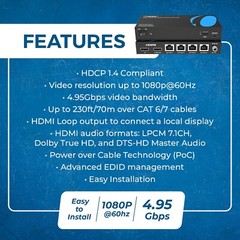 OREI 1080p 1×4 HDMI™ Extender Splitter (Loop) – 230ft (cat6) (HD14-EX132-K)