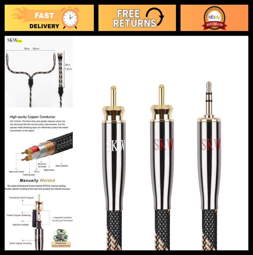 Ultra-High Purity Copper 3.5mm to 2 RCA Male Audio Cable Y Splitter 9.8ft/3M