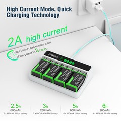 HiQuick 4pcs 9V Rechargeable Batteries w/ LCD Charger for 9V NiMH NiCD Li-ion