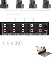 3.5mm Aux + RCA L/R Audio Splitter 1 in 4 Out Stereo Analog Black