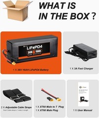 36V 16Ah LiFePO4 Lithium B attery Pack, Built-in 30A BMS for 0-1200W Motor