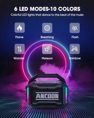ANCOON 80W Bluetooth Boombox IPX6 Waterproof LED Light Show 20H Black AUX. LOUD